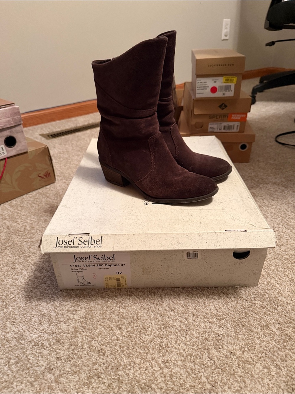 Josef Seibel Dark Brown Suede Mid-Calf Heeled Boots